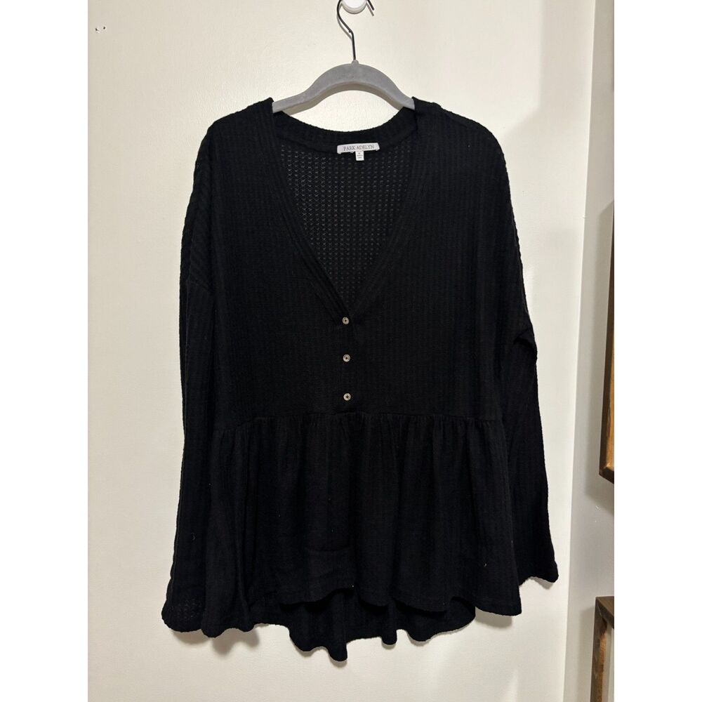 Park Adelyn Black Textured Peplum‎ Henley Top Boho Babydoll Blouse M